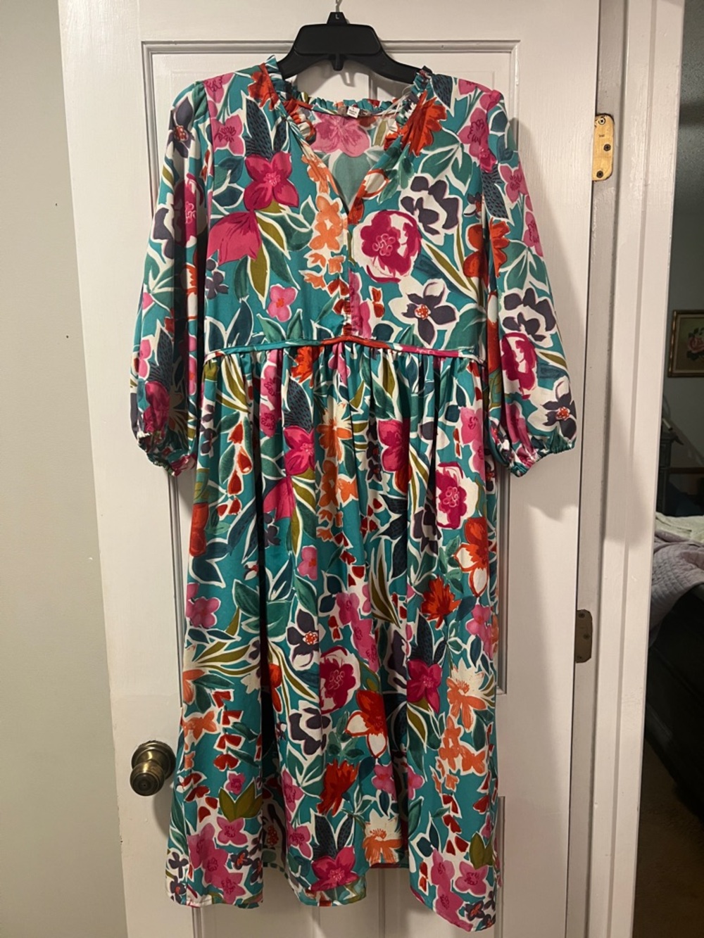 Umgee Teal Floral Midi Dress with Pink, Orange & White Accents